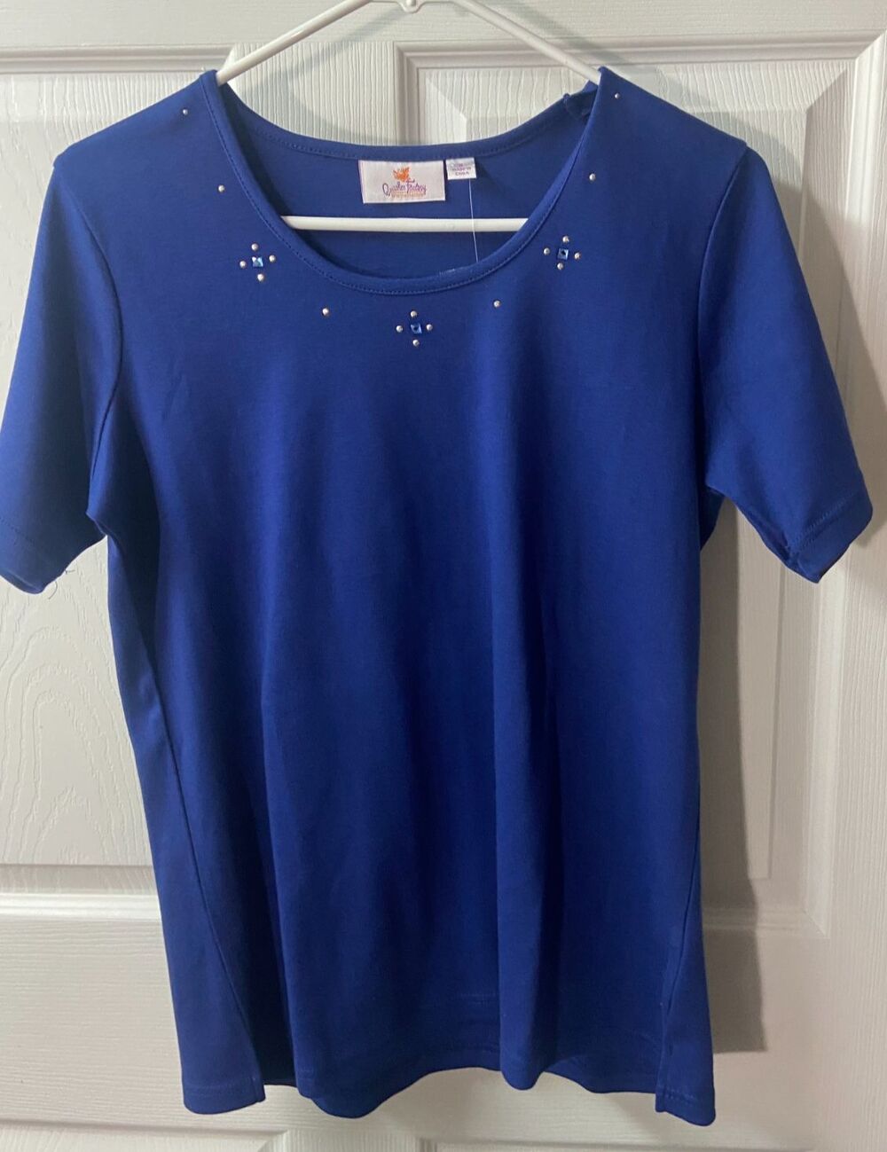 NWT Quacker Factory T-Shirt Royal Blue embellished Womens Small Short Sleeves
